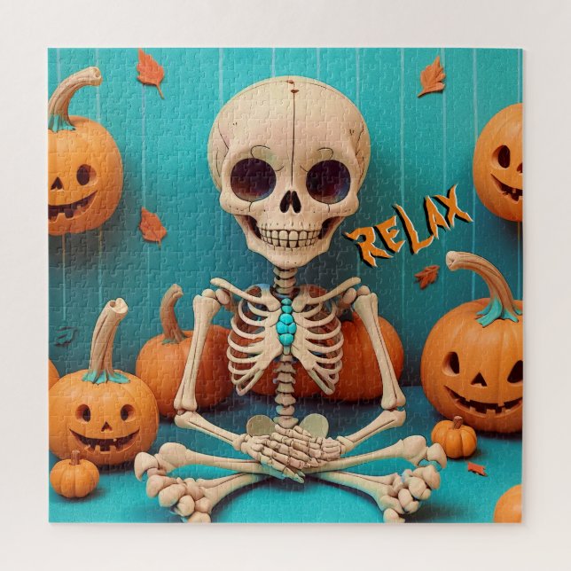 Halloween Skeleton Spooky Pumpkin Orange Cyan Text Puzzle (Vertikal)