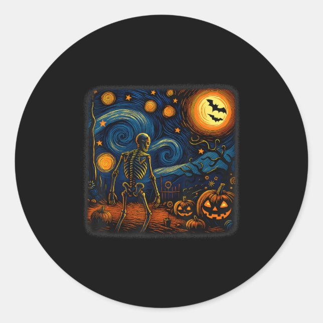 Halloween Skeleton Starry Night Van Gogh Pumpkin M Runder Aufkleber (Vorderseite)