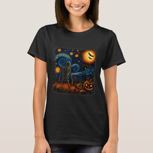 Halloween Skeleton Starry Night Van Gogh Pumpkin M T-Shirt (Vorderseite)
