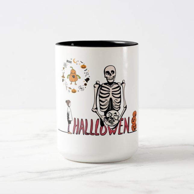 Halloween Skeleton und Pumpkins Zweifarbige Tasse (Mittel)
