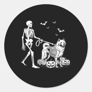 Halloween Skeleton Walking Samoyed Dog Runder Aufkleber