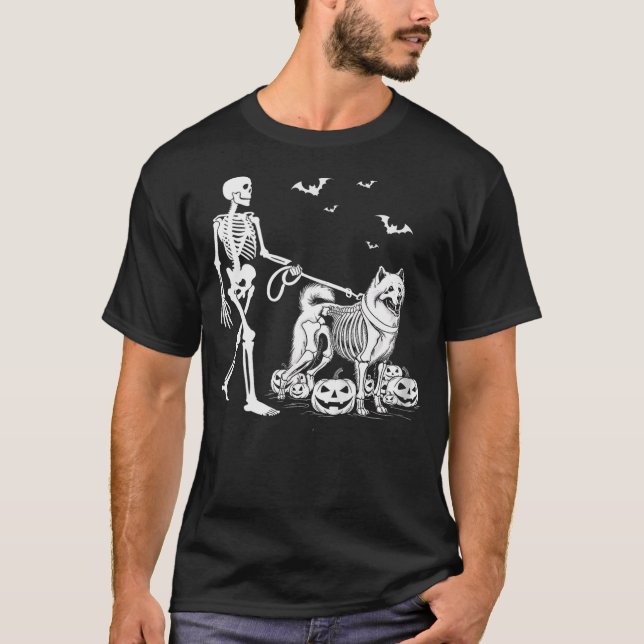 Halloween Skeleton Walking Samoyed Dog T-Shirt (Vorderseite)