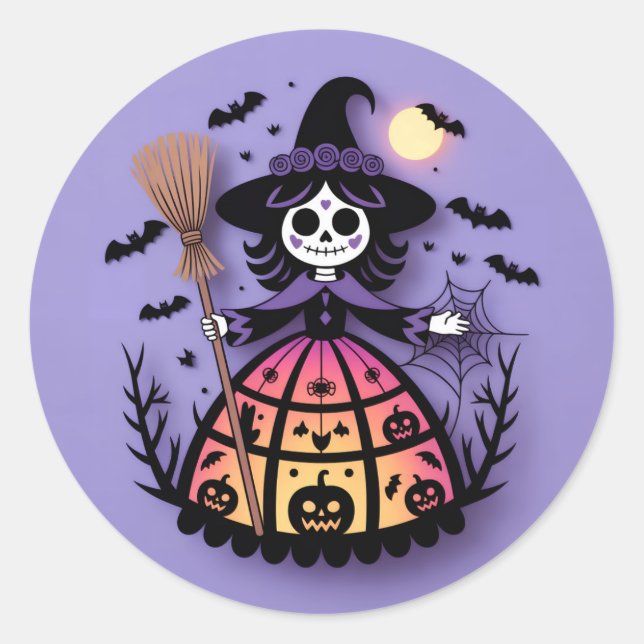 Halloween Skeleton Witch Runder Aufkleber (Vorderseite)