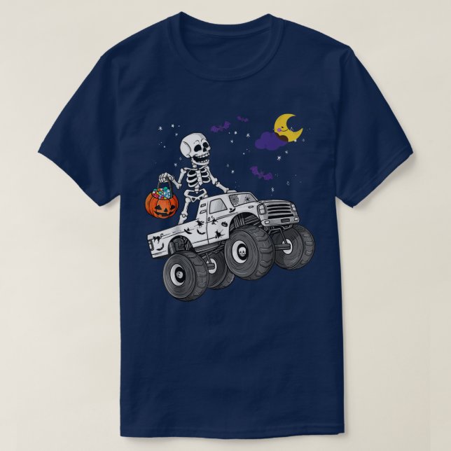 Halloween Skeleton Zombie Riding Monster Truck Vam T-Shirt (Design vorne)