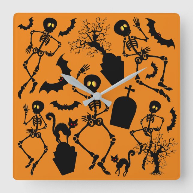 Halloween Skeletons Macabre Dance Quadratische Wanduhr (Vorderseite)