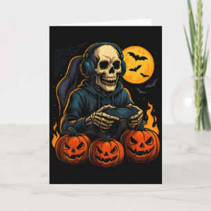 Halloween-Skelett-Gamer Mit Kürbis-Controller Karte