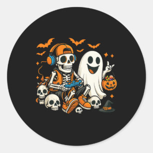 Halloween-Skelett-Gamer-Video-Gaming-Geist-Hallowe Runder Aufkleber