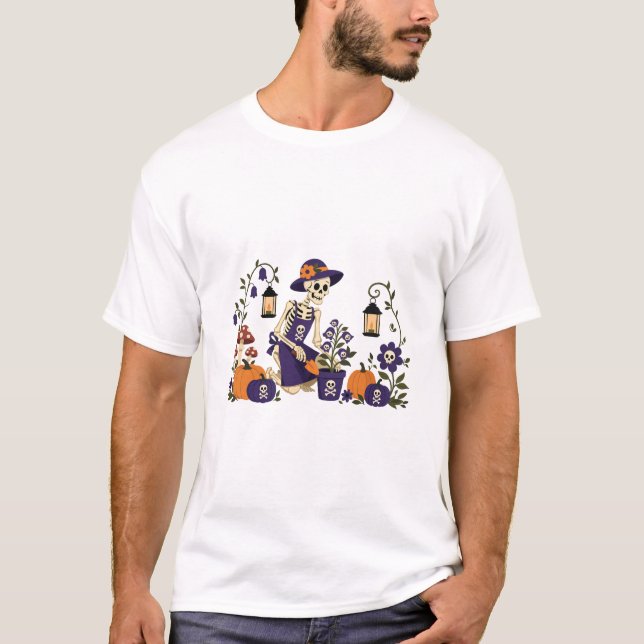 Halloween-Skelett-Gärtner-Kürbisfeld T-Shirt (Vorderseite)