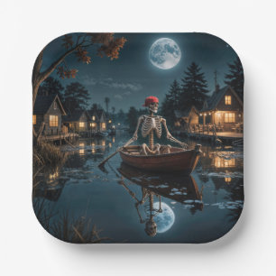 Halloween-Skelett in einem Ruderboot Pappteller