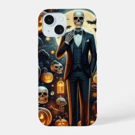Halloween Skelett in einem Tux mit Pumpkin & Ghost iPhone 15 Hülle
