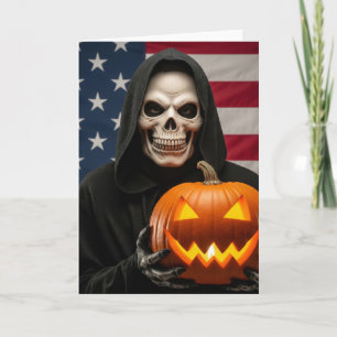 Halloween-Skelett mit geschnitztem Kürbis Karte