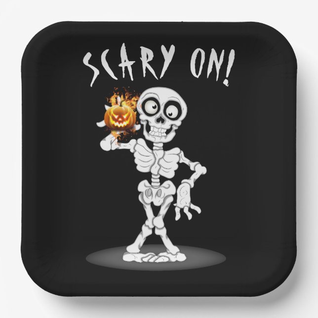 Halloween-Skelett mit Kürbislaterne Pappteller (Vorderseite)