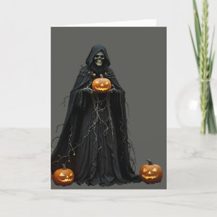 Halloween-Skelett mit schwarzem Kapuzenumhang zuge Feiertagskarte