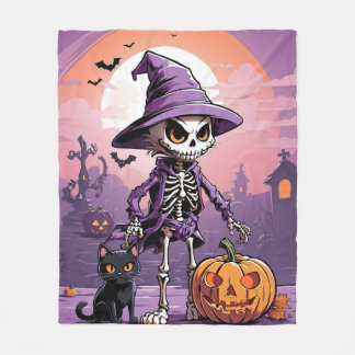 Halloween-Skelett mit schwarzer Katze und Kürbis Fleecedecke