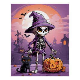 Halloween-Skelett mit schwarzer Katze und Kürbis Poster
