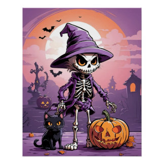 Halloween-Skelett mit schwarzer Katze und Kürbis Poster