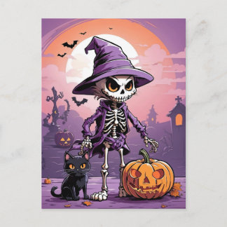 Halloween-Skelett mit schwarzer Katze und Kürbis Postkarte