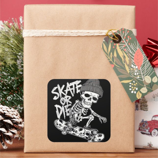 Halloween Skelett Skateboarder Art: Stilvoll Quadratischer Aufkleber (Feiertag)