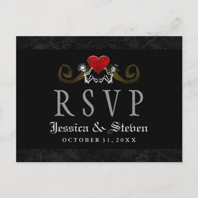 Halloween Skelette & Heart Matching Wedding RSVP Einladungspostkarte (Vorderseite)