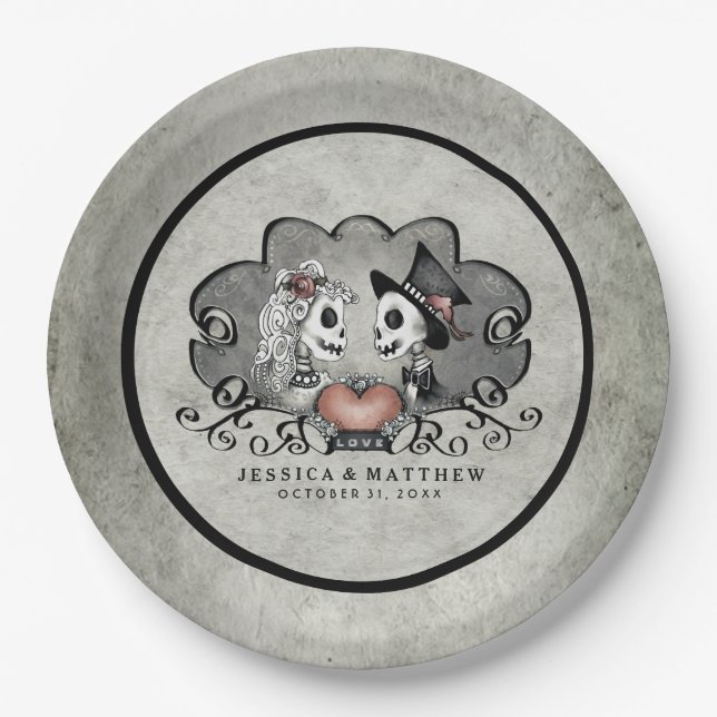 Halloween-Skelette schwarz u. graue Pappteller (Vorderseite)