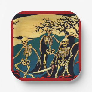 Halloween - Skelette Woodcut 4 Pappteller