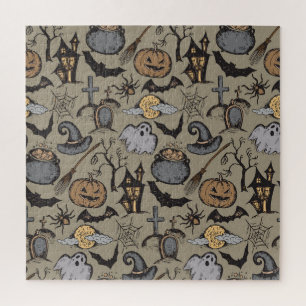 Halloween-Skizze: Nahtloses Vintage-Muster Puzzle