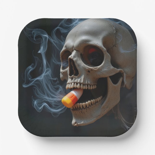 Halloween Skull Biting Candy Corn Pappteller (Vorderseite)