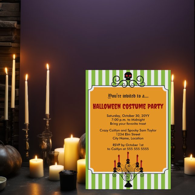 Halloween Skull Candelabra Party Einladung (Halloween skull and candelabra costume party invitation.)