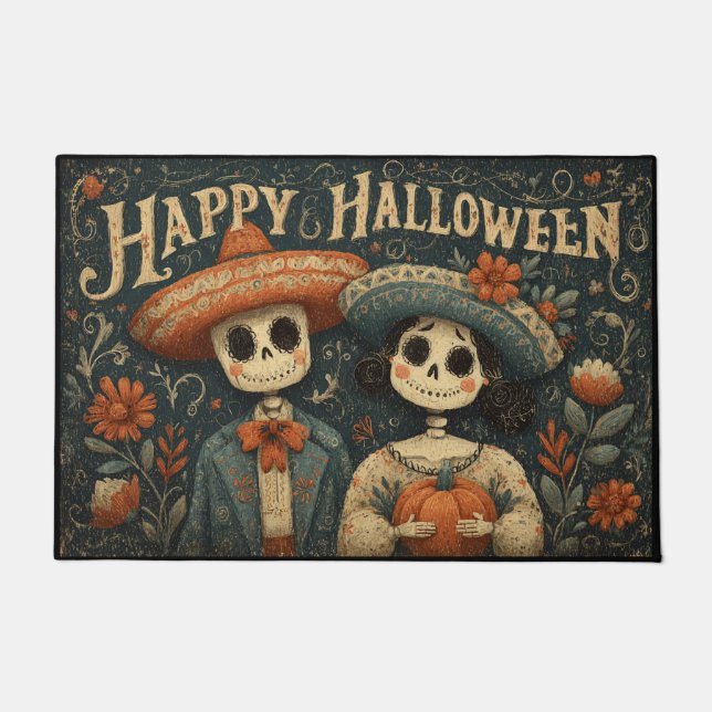 Halloween Skull Couple with Pumpkins and Sombreros Fußmatte (Vorderseite)