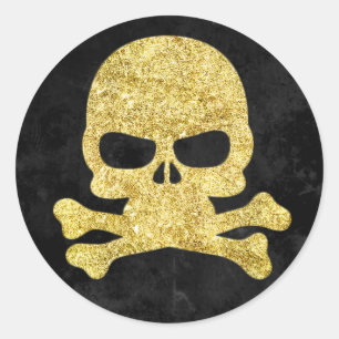 Halloween Skull & Cross Bones Gold Imitate Glitzer Runder Aufkleber