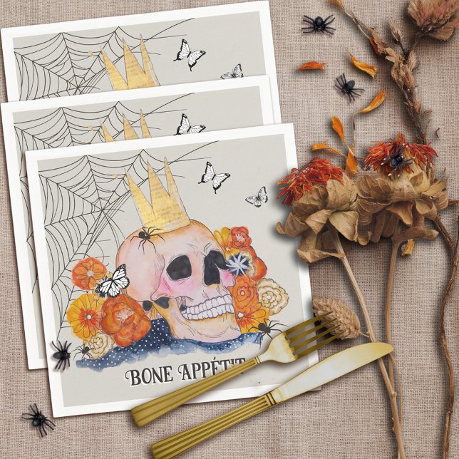 Halloween Skull Crown Butterfly Spider Dark Spooky Serviette (Spooky cottagecore Halloween skull and fall flowers original art by Malissa Melrose)