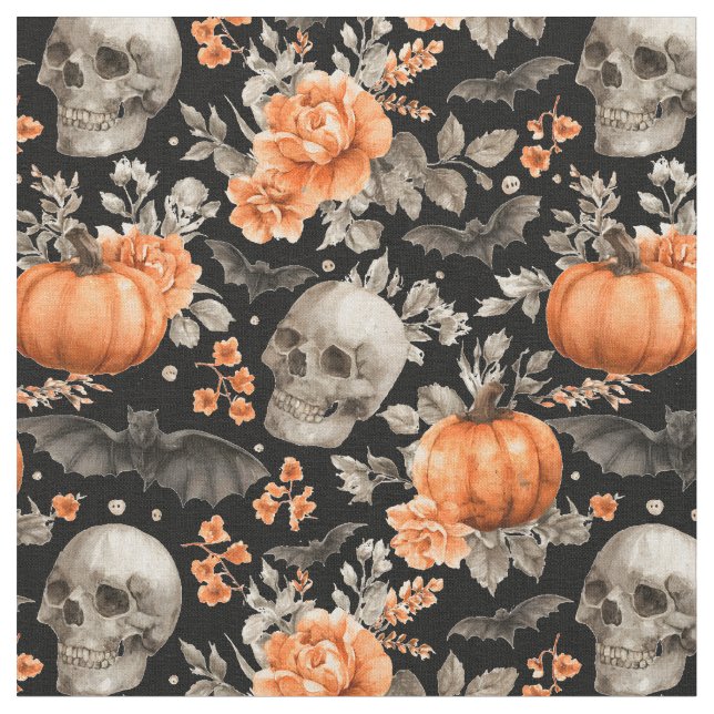 Halloween Skull-Fledermäuse und Blume schwarz Stoff (Nahaufnahme)