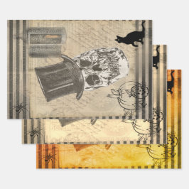 Halloween-Skull mit Hut und Black Cat Vintag Geschenkpapier Set
