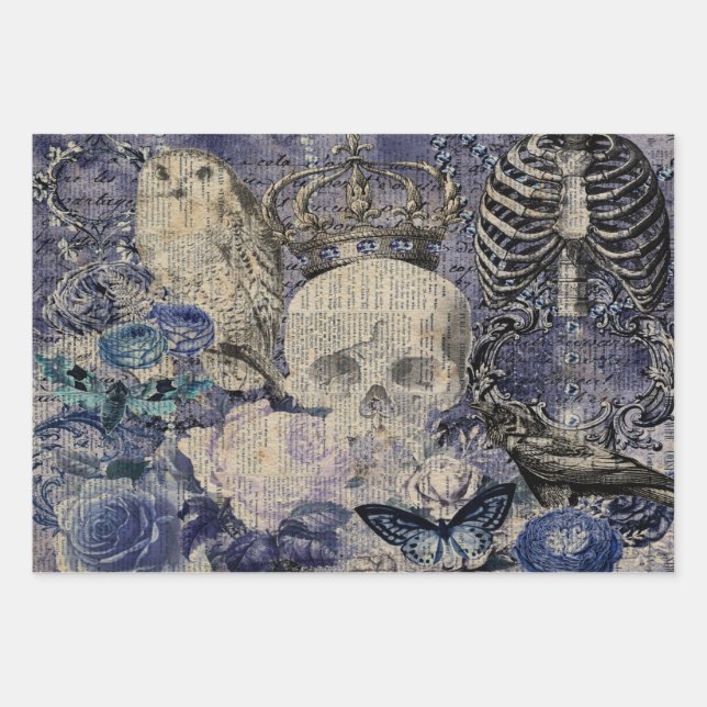 Halloween Skull mit Kronen und Eule Geschenkpapier Set (Vorderseite)