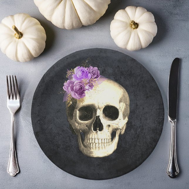 Halloween Skull Pappteller (gothic skull purple roses plate gothic Halloween theme)