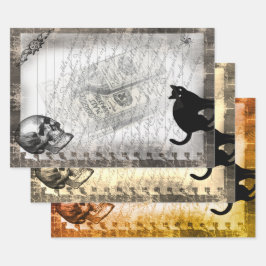 Halloween Skull und Black Cat Script Ephemera Geschenkpapier Set