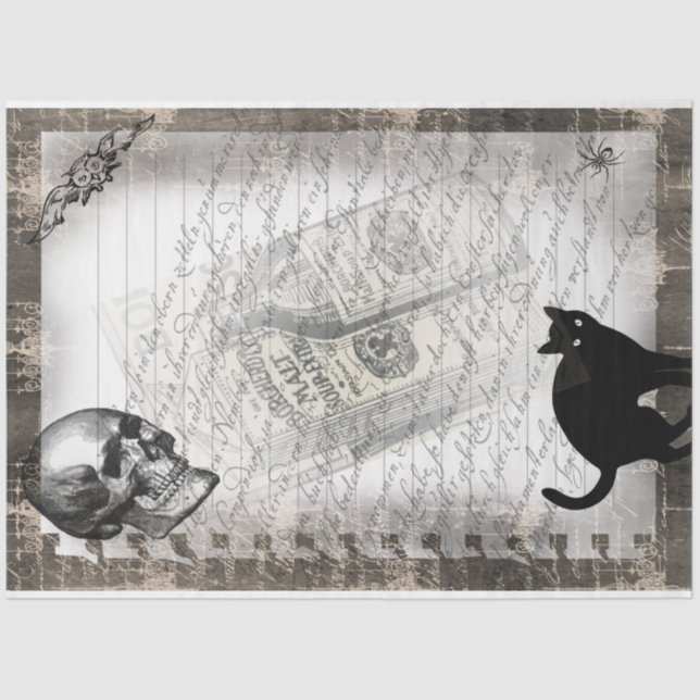 Halloween Skull und Black Cat Script Ephemera Seidenpapier (Vorderseite)