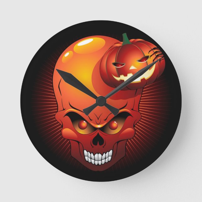 Halloween Skull und Pumpkin Runde Wanduhr (Vorderseite)