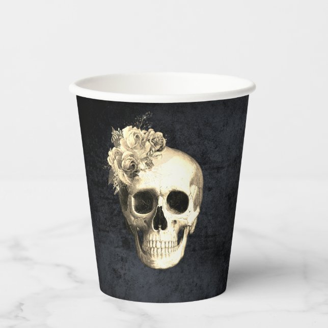 Halloween Skull White Roses Pappbecher (Vorderseite)