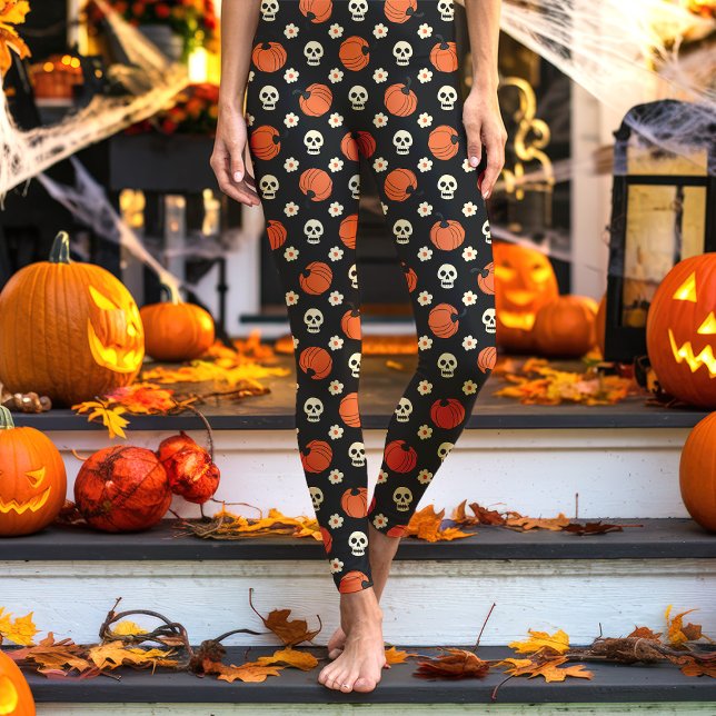 Halloween-Skulls, Kürpen und Blume Schwarz Leggings (Von Creator hochgeladen)