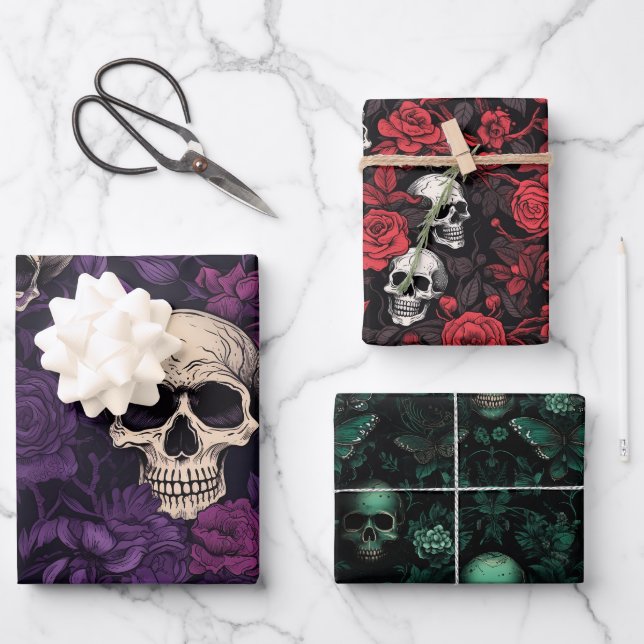 Halloween Skulls und Blume Geschenkpapier Set (Vorderseite)