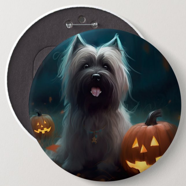 Halloween Skye Terrier mit Pumpkins Beängstigend Button (Vorne & Hinten)