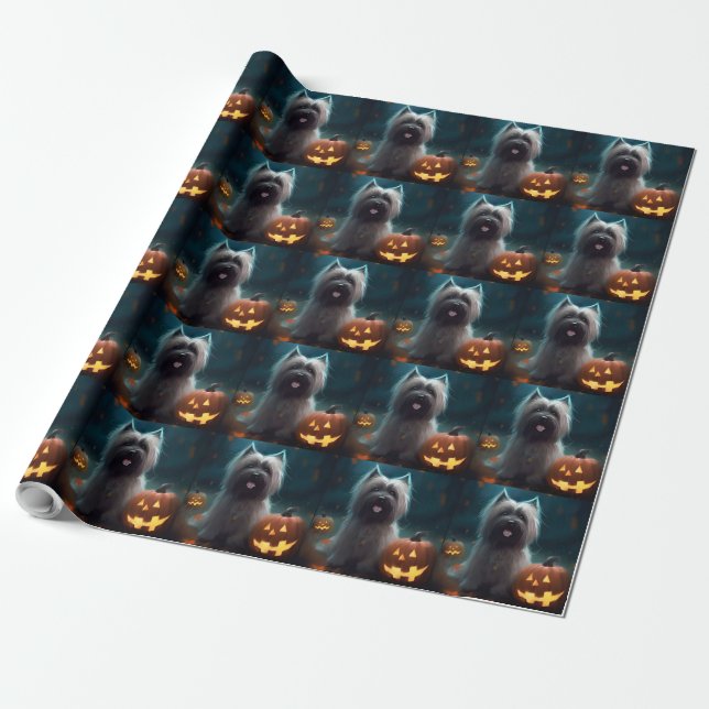 Halloween Skye Terrier mit Pumpkins Beängstigend Geschenkpapier (Ungerollt)