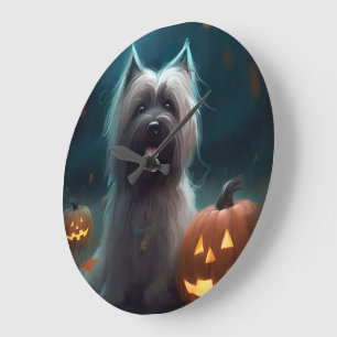 Halloween Skye Terrier mit Pumpkins Beängstigend Große Wanduhr