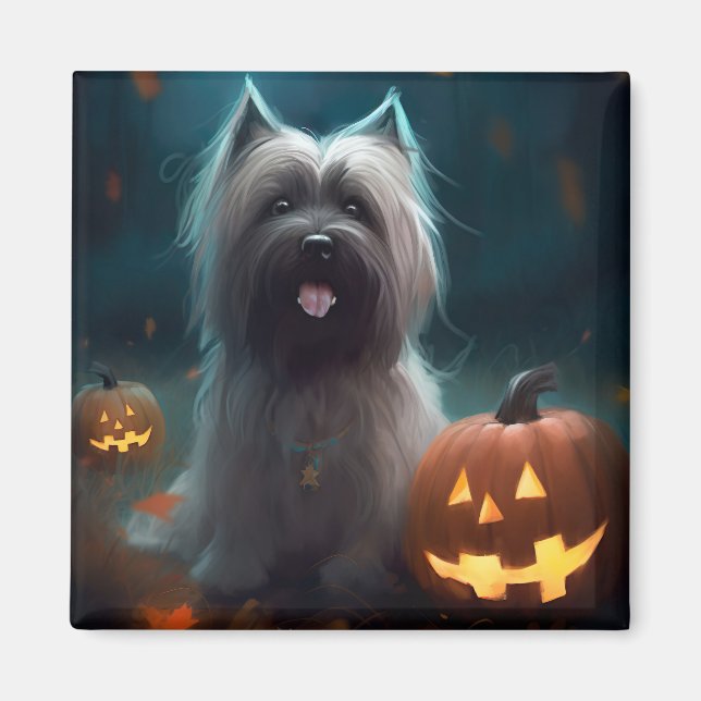 Halloween Skye Terrier mit Pumpkins Beängstigend Magnet (Vorne)