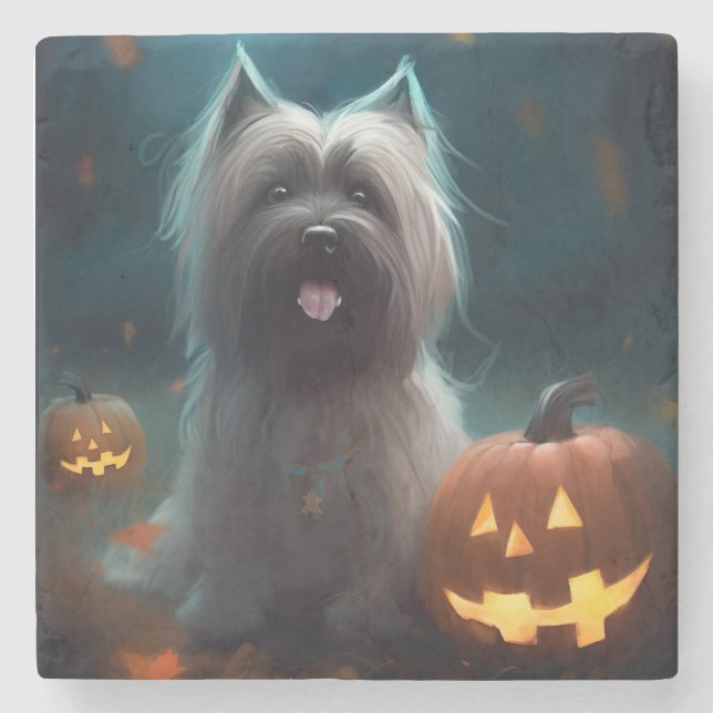Halloween Skye Terrier mit Pumpkins Beängstigend Steinuntersetzer (Vorderseite)