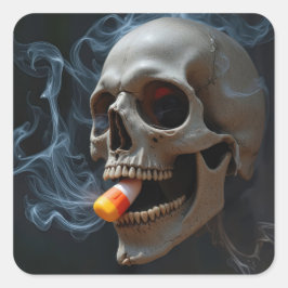 Halloween Smoking Skull Biting Candy Corn Quadratischer Aufkleber