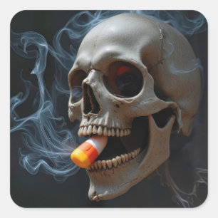 Halloween Smoking Skull Biting Candy Corn Quadratischer Aufkleber