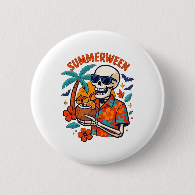 Halloween Sommer Ween Skelett Gruselige Ferien Flo Button (Vorderseite)