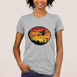 Halloween-Sonnenuntergang-Hexe-Silhouette Retro-Kr T-Shirt